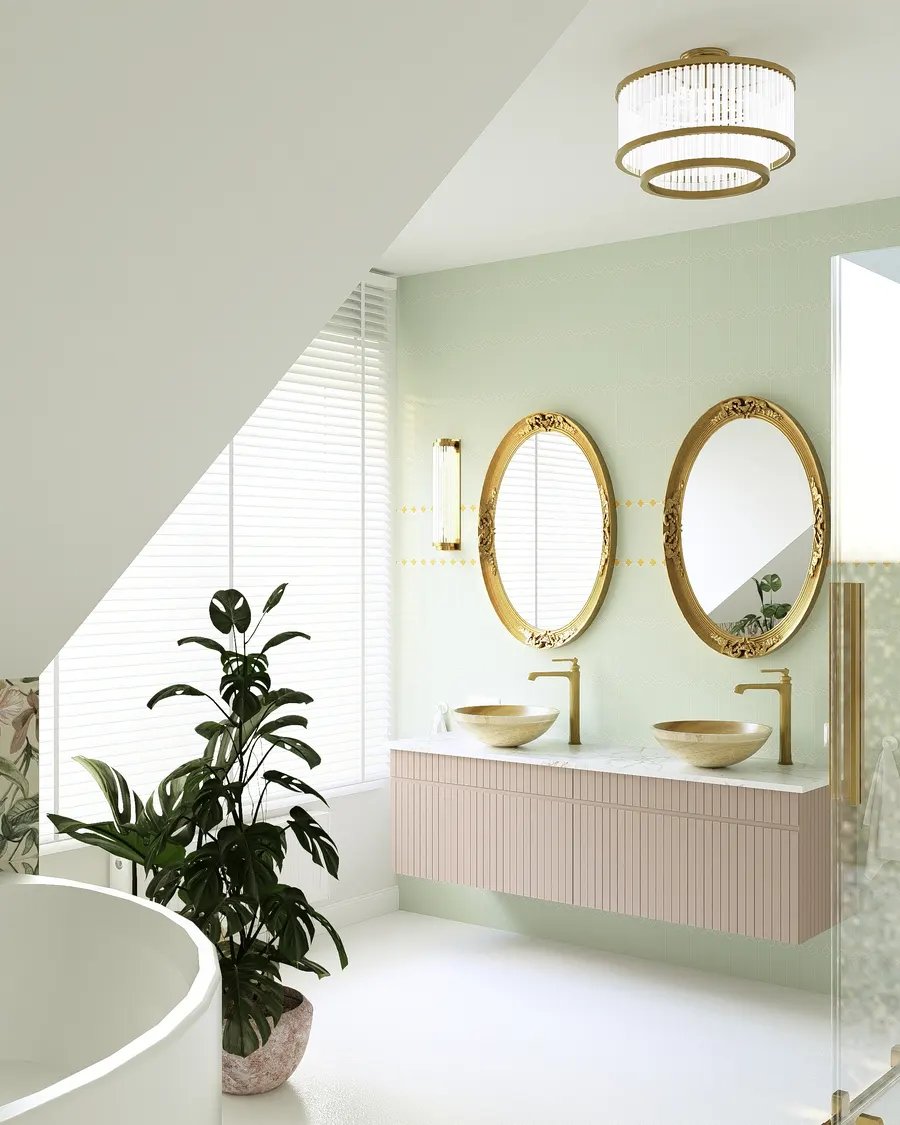 Projekt łazienki glamour — marmur, złoto, eleganckie wnętrze